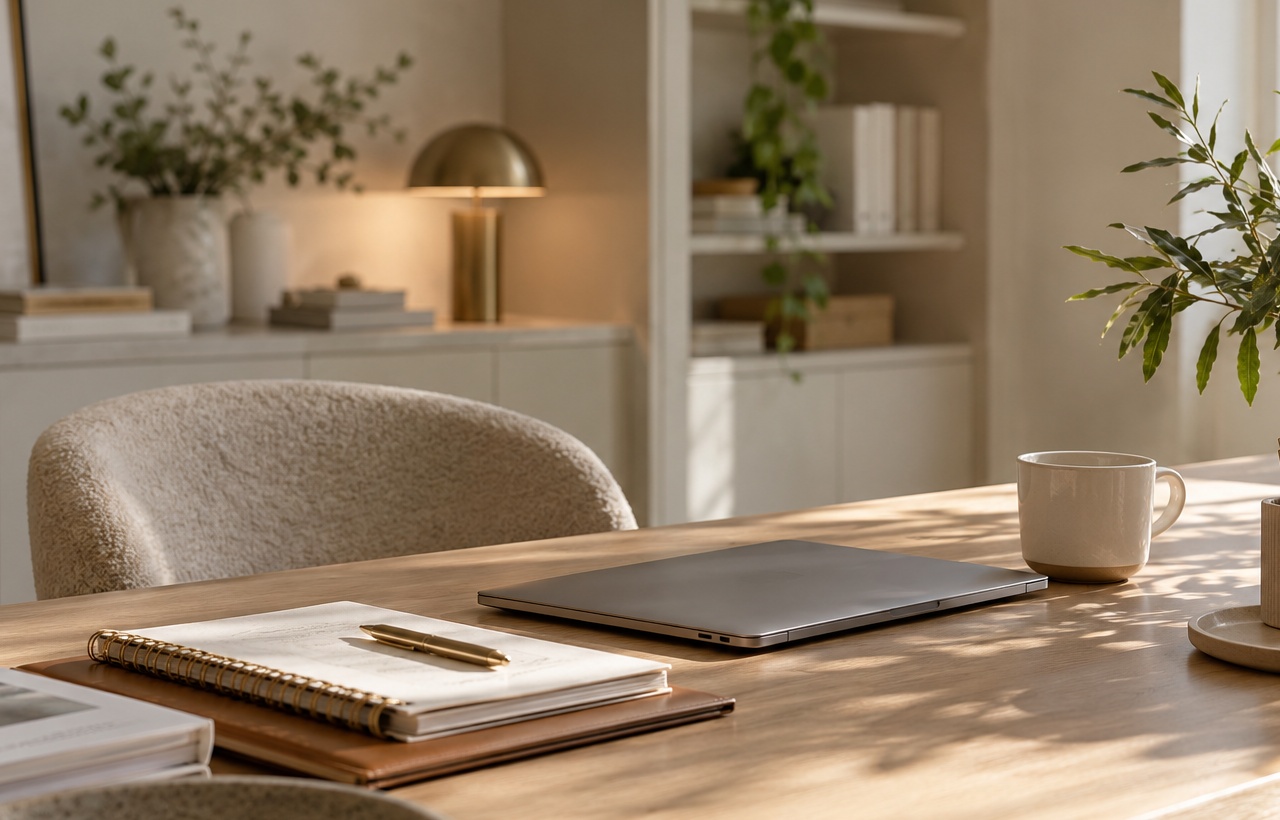 Laptop, coffee and notebook on a desk