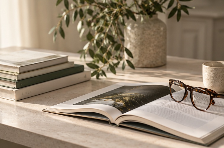 Notebook, books and workspace